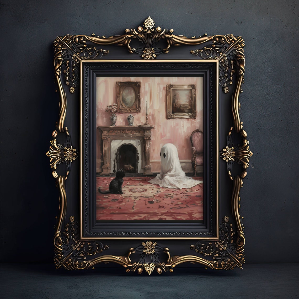 Cute Ghost And Black Cat Meeting In A Victorian Parlor Art Poster - Image 7