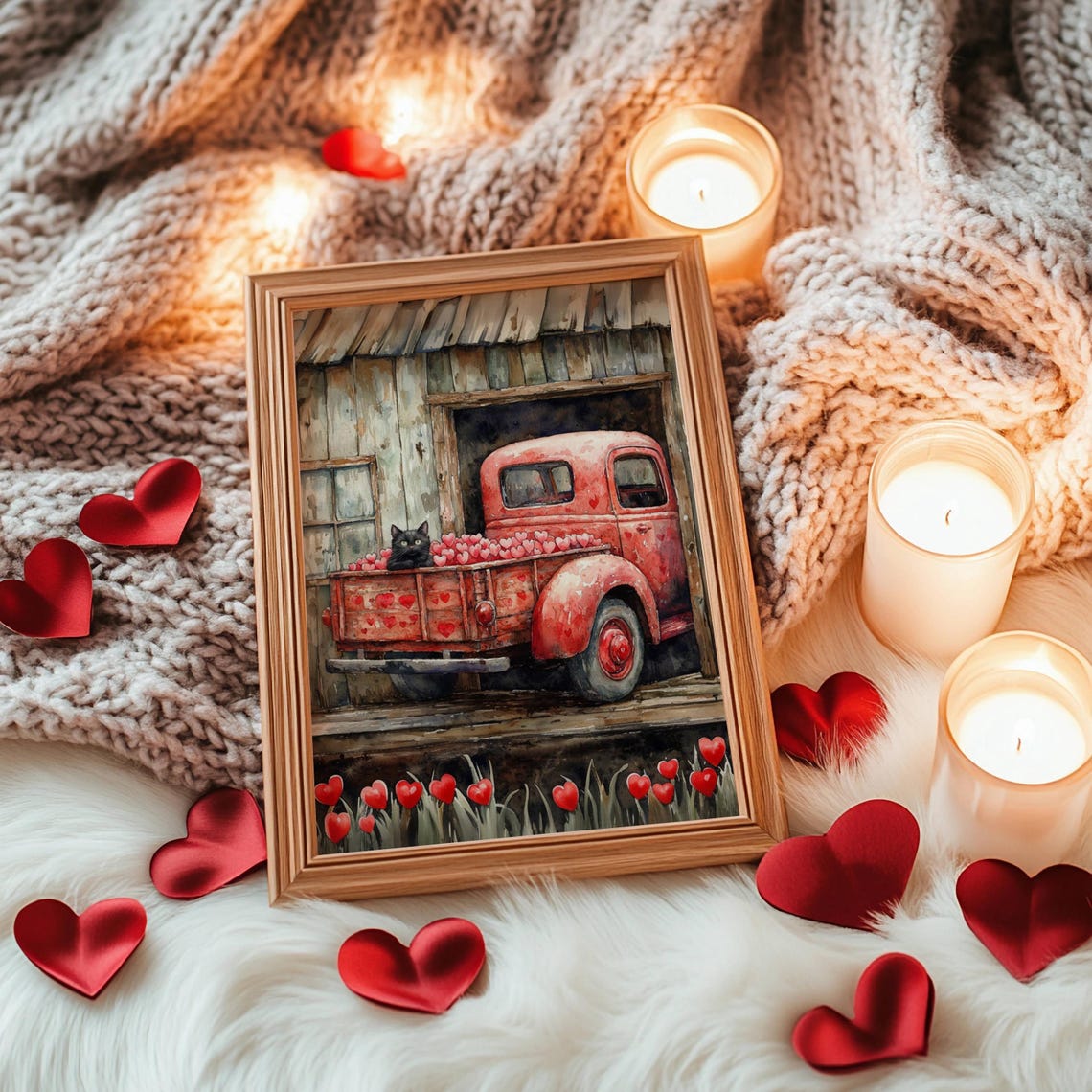 Black Cat in a Vintage Truck Full of Valentine Hearts Poster - Image 6