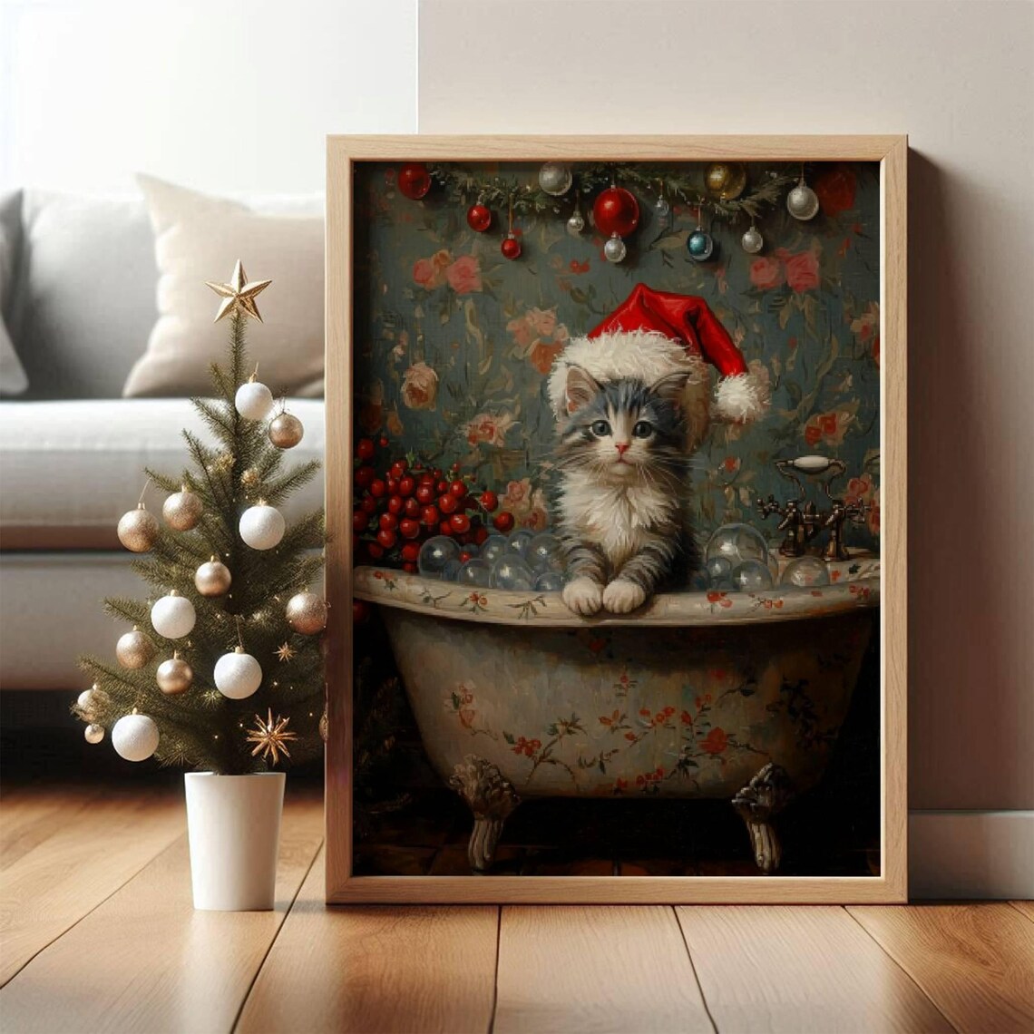 Gray Tabby Kitten Christmas Bubblebath Art Print - Image 6
