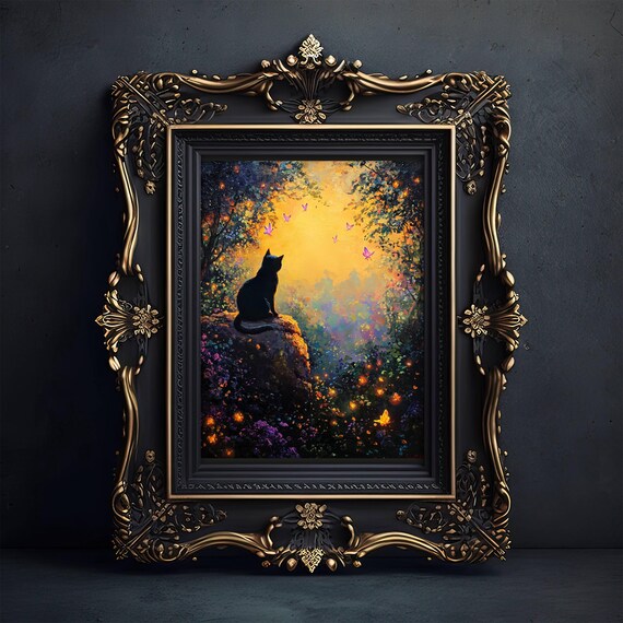 Black Cat Silhouette on a Rock in a Glowing Golden Sunset Forest Scene Poster