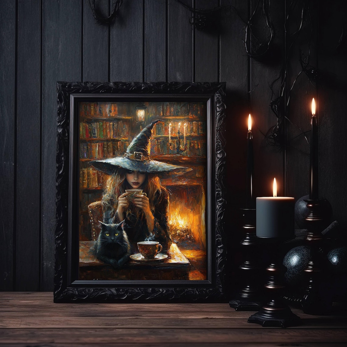 Whimsigoth Witch Tea in Library, Black Cat Art Print - Image 7