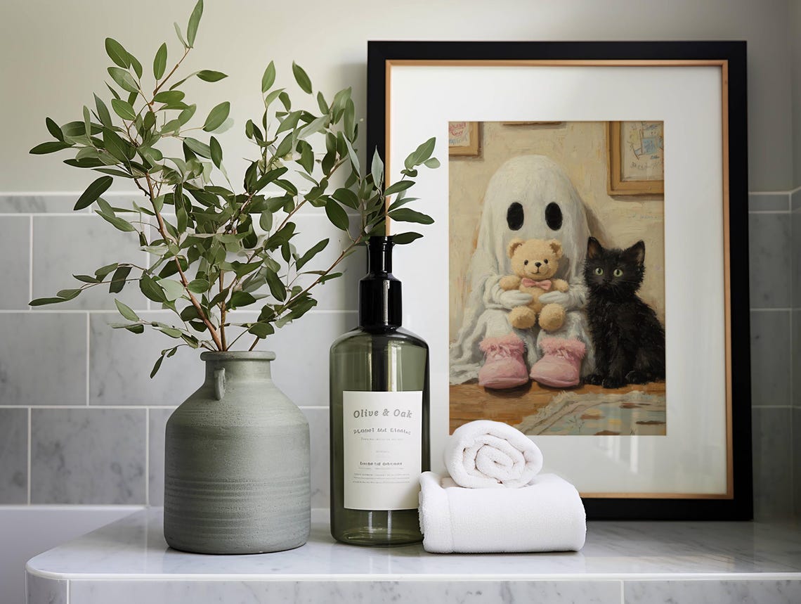 Ghost in Pink Slippers Holding a Teddy Bear Next to a Black Cat Poster - Image 2