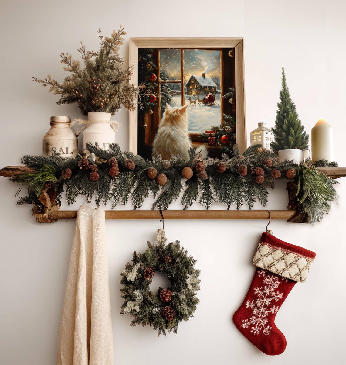 White Fluffy Cat Watching Santa Sleigh Through a Snowy Window Poster - Image 7