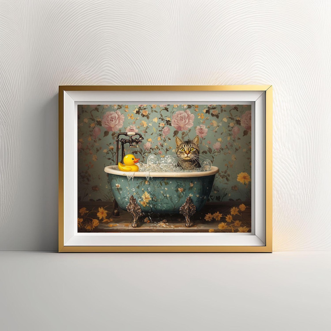 Gray Tabby Cat With Rubber Duck, Bathroom Art Print - Image 2