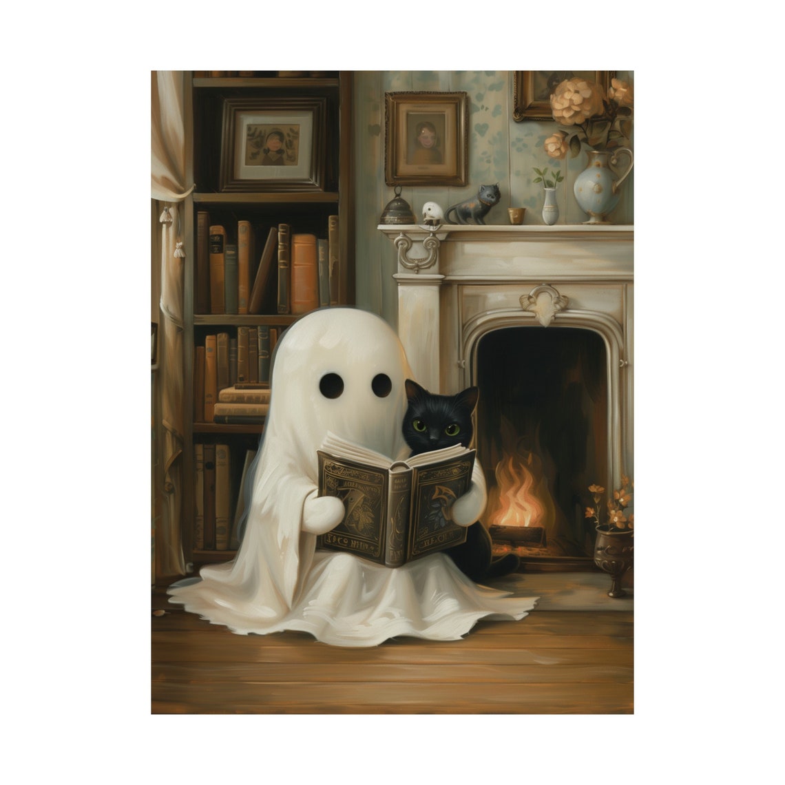 Cute Ghost Reading a Book With Black Cat by the Fireplace Poster - Image 3