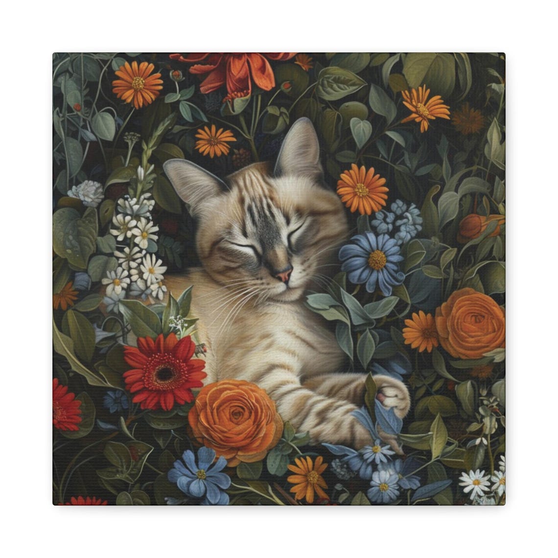 Lynx Point Siamese Cat Sleeping In A Dark Floral Garden Poster