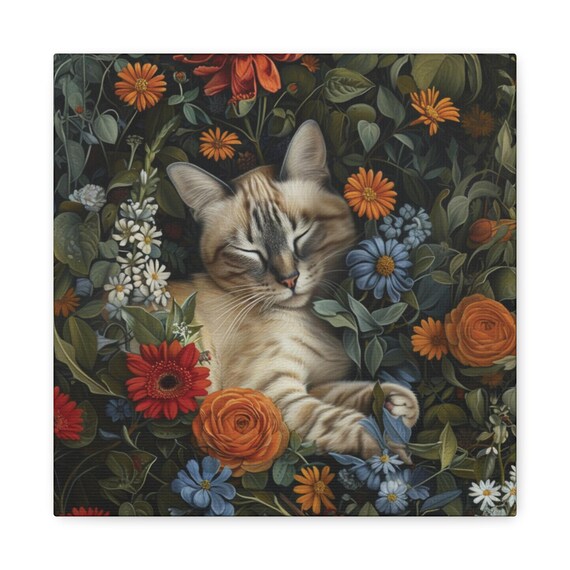 Lynx Point Siamese Cat Sleeping In A Dark Floral Garden Poster