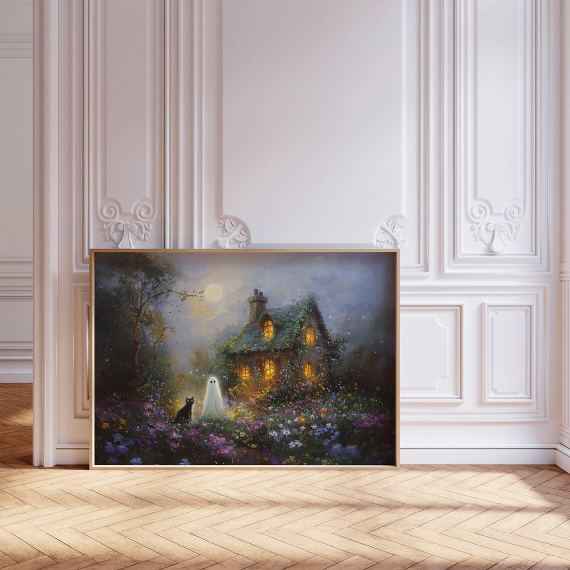 Black Cat and Ghost Cottage, Whimsigoth Art Print - Image 3
