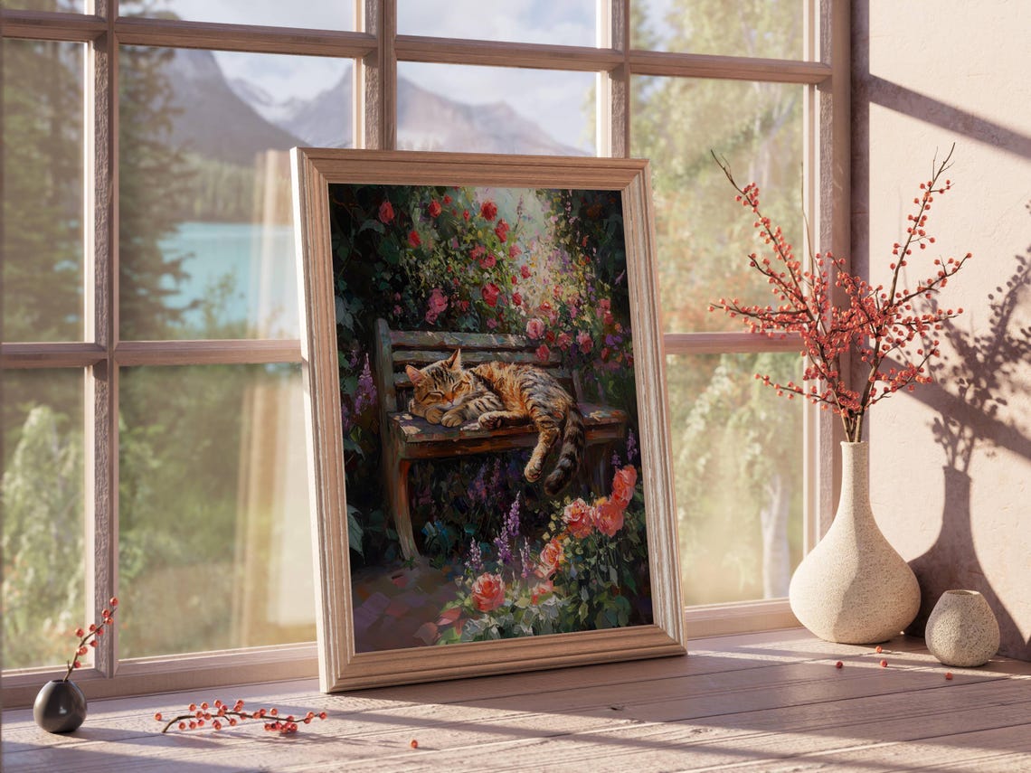 Sleeping Tabby Cat on a Garden Bench Among Roses and Lavender Poster - Image 4
