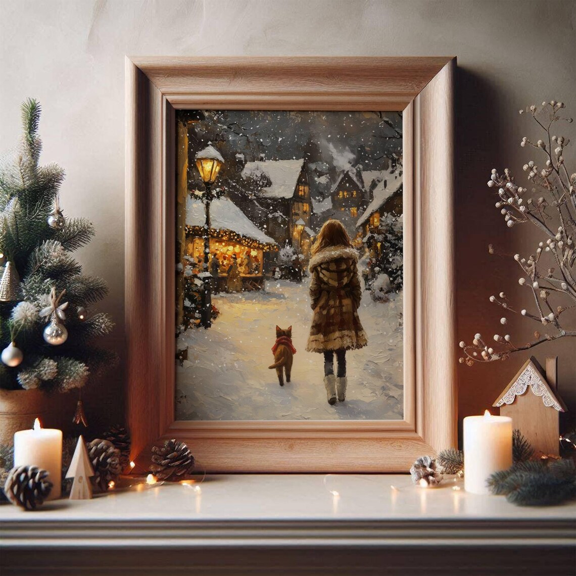 Christmas Woman and Cat Walking in the Snow Art Print - Image 3