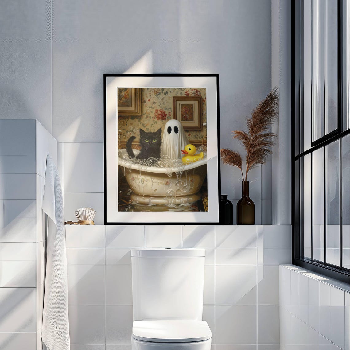 Cute Ghost Black Cat and Rubber Duck in a Bubble Bath Poster - Image 7