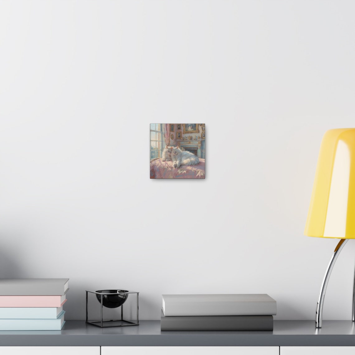 Two Cuddling White Cats on a Pink Cushion by the Fire Poster - Image 4