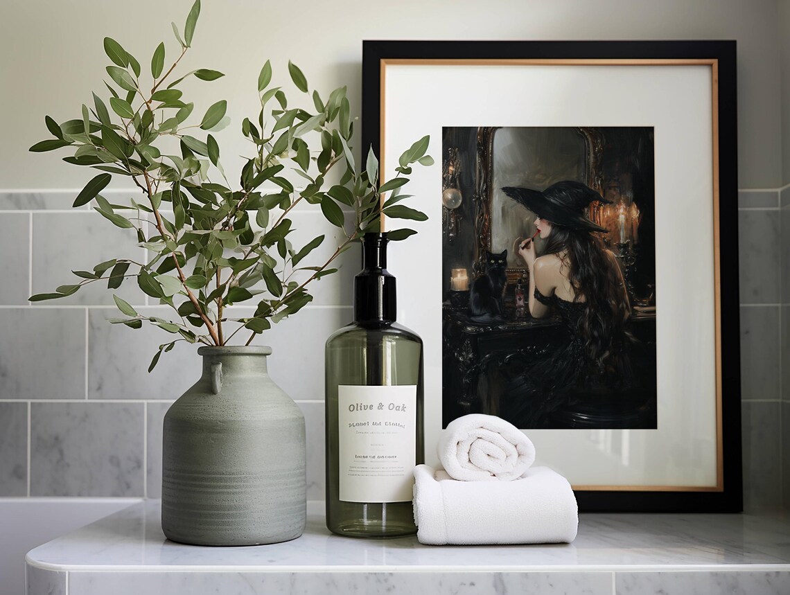 Witch Applying Lipstick, Gothic Bathroom Art Print - Image 3