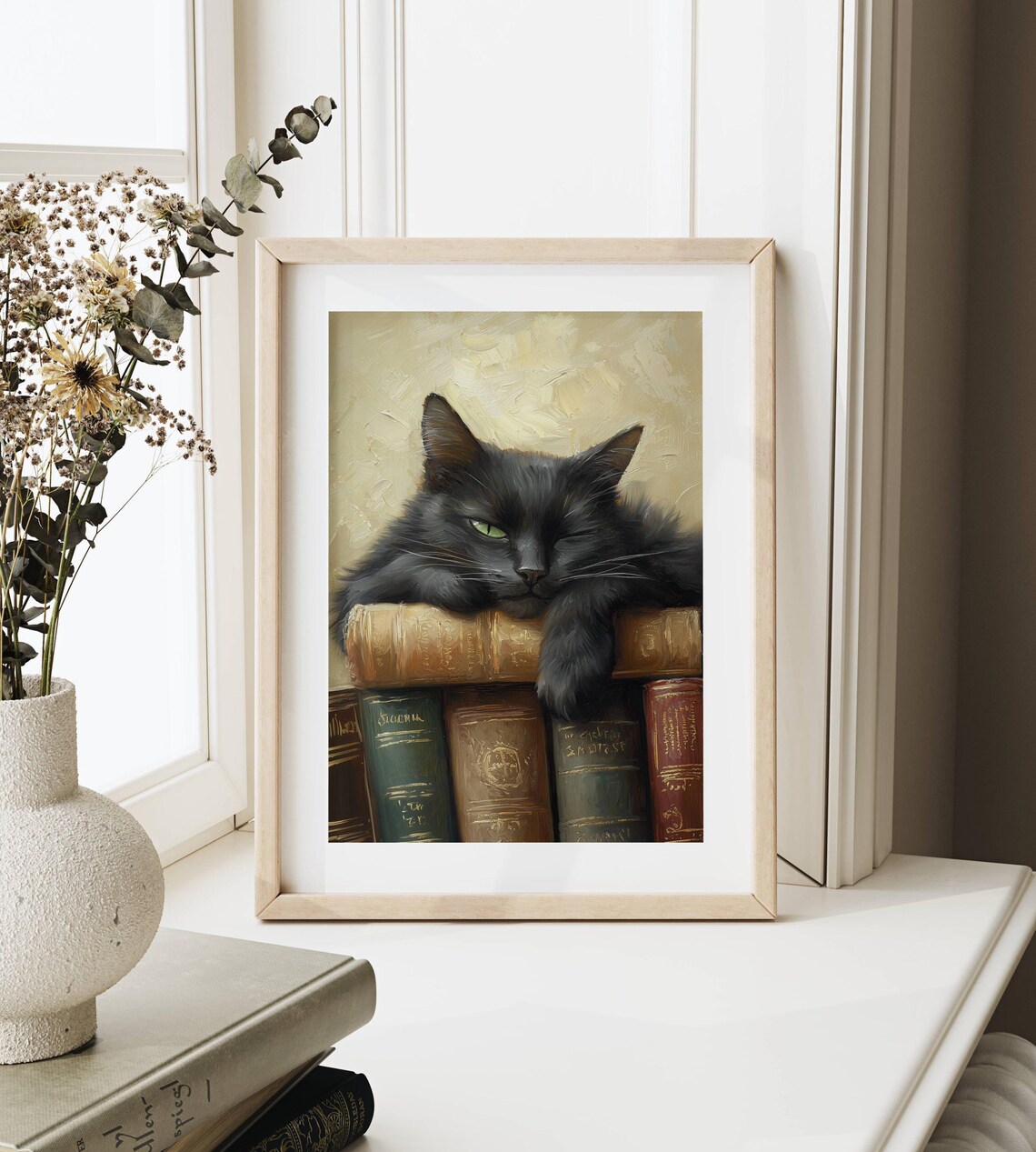 Cozy Black Cat and Books, Light Academia Art Print - Image 4