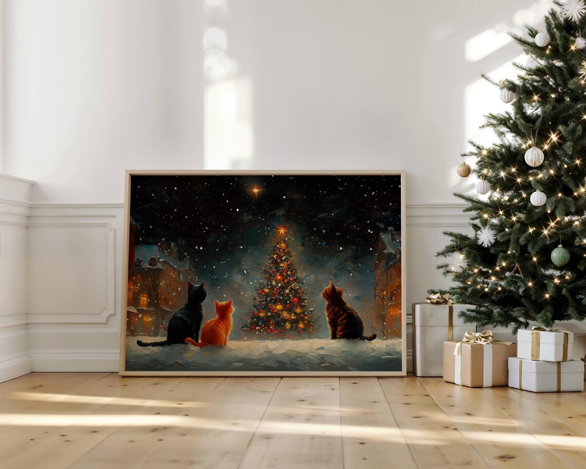 Cats And Christmas Tree, Impressionist Holiday Art Print - Image 7