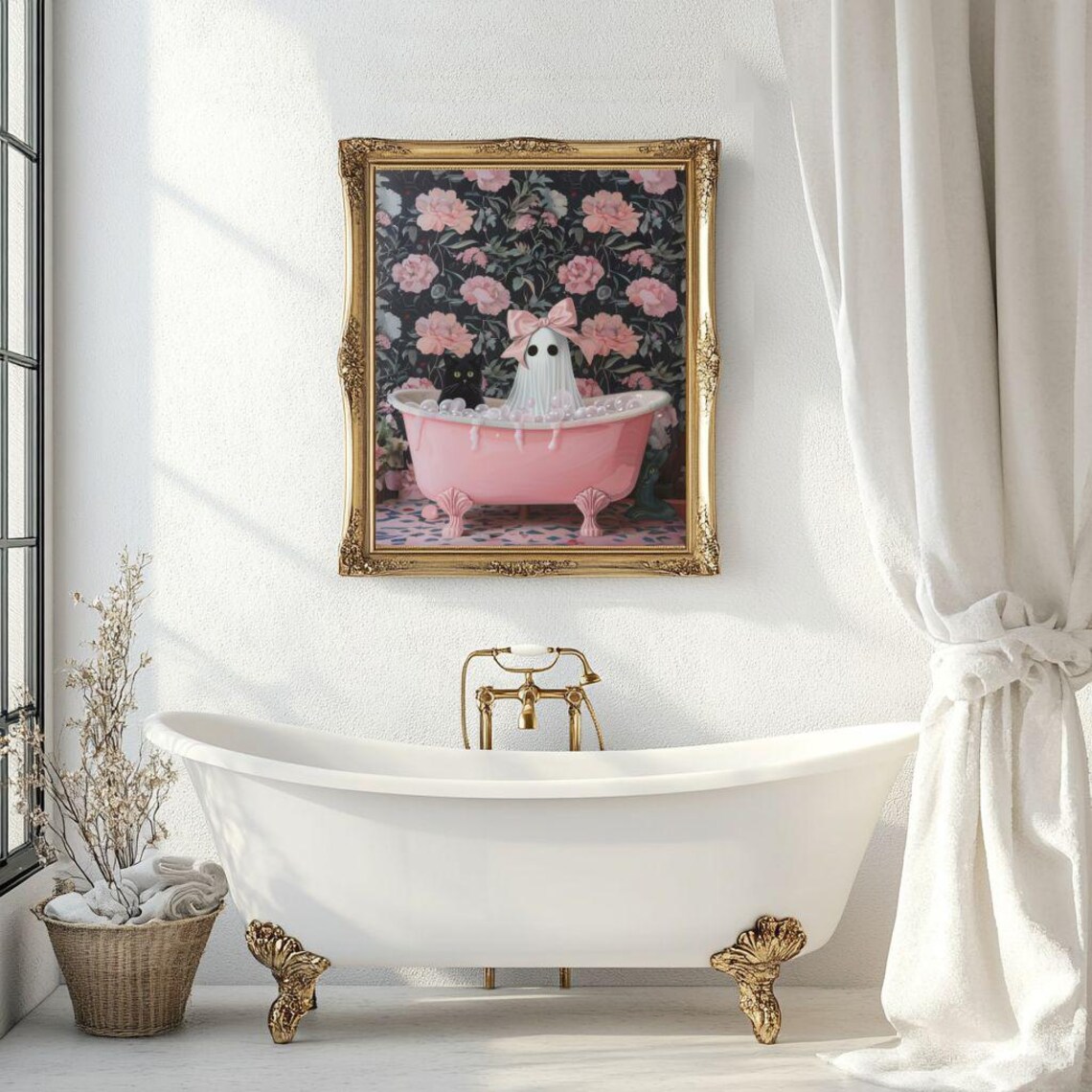 Girl Ghost And Black Cat In Bathtub Art Print - Image 7