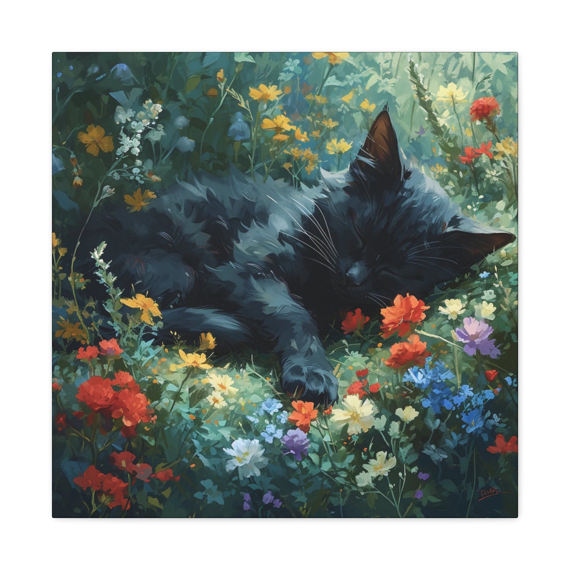 Black Cat Sleeping in a Colorful Wildflower Meadow Scene Poster - Image 5