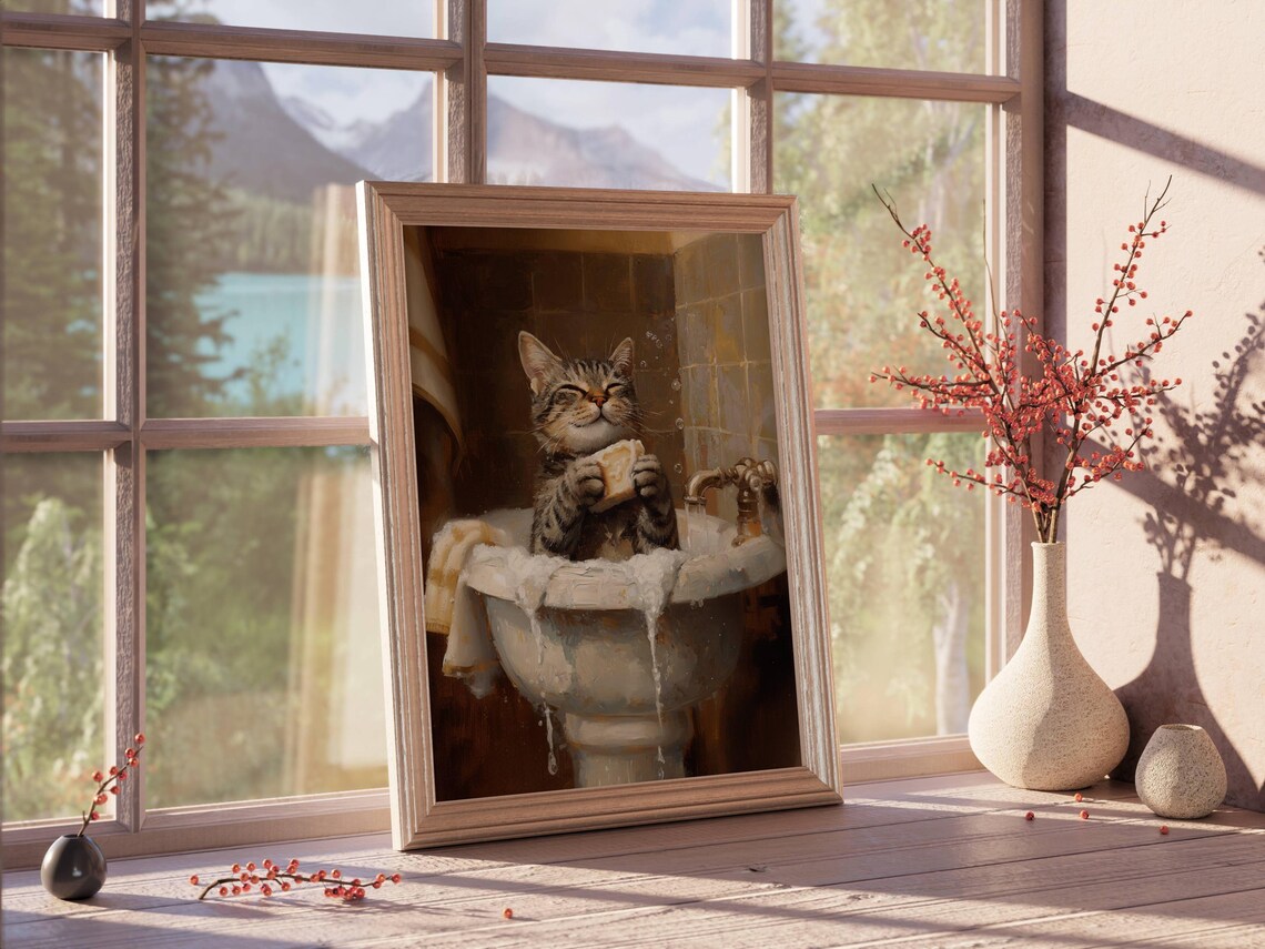 Tabby Cat Taking Bath In Sink Cute Bathroom Art Print - Image 5