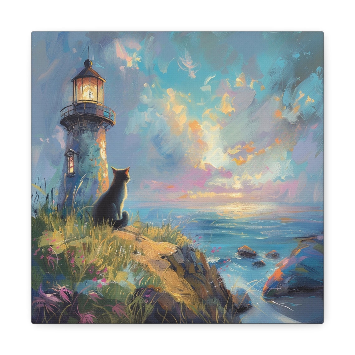 Black Cat by Lighthouse at Sunset Ocean Coast Oil Painting Poster - Image 4