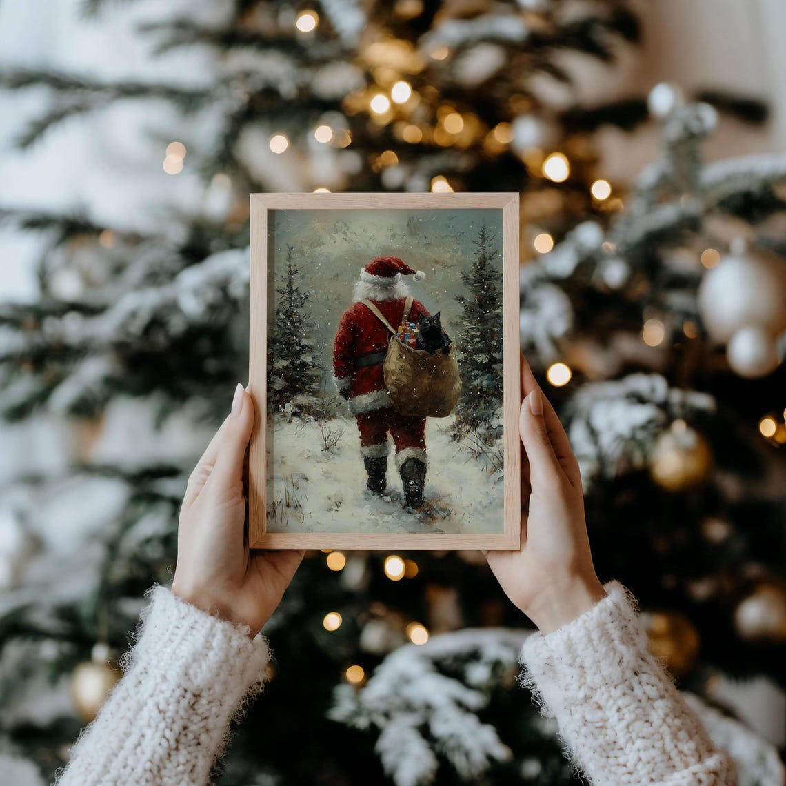 Santa Walking In The Snow With Black Cat Christmas Poster Moody Holiday Cat Wall Art Xmas Cat Lover Home Decor Unframed - Image 3