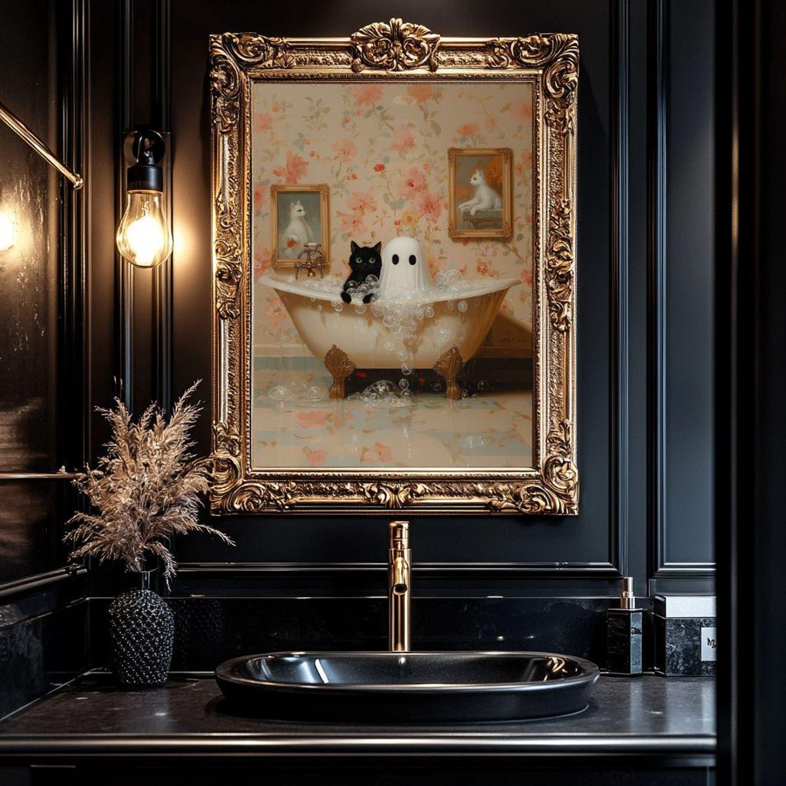 Ghost and Black Cat in an Overflowing Bubble Bath Vintage Poster - Image 3