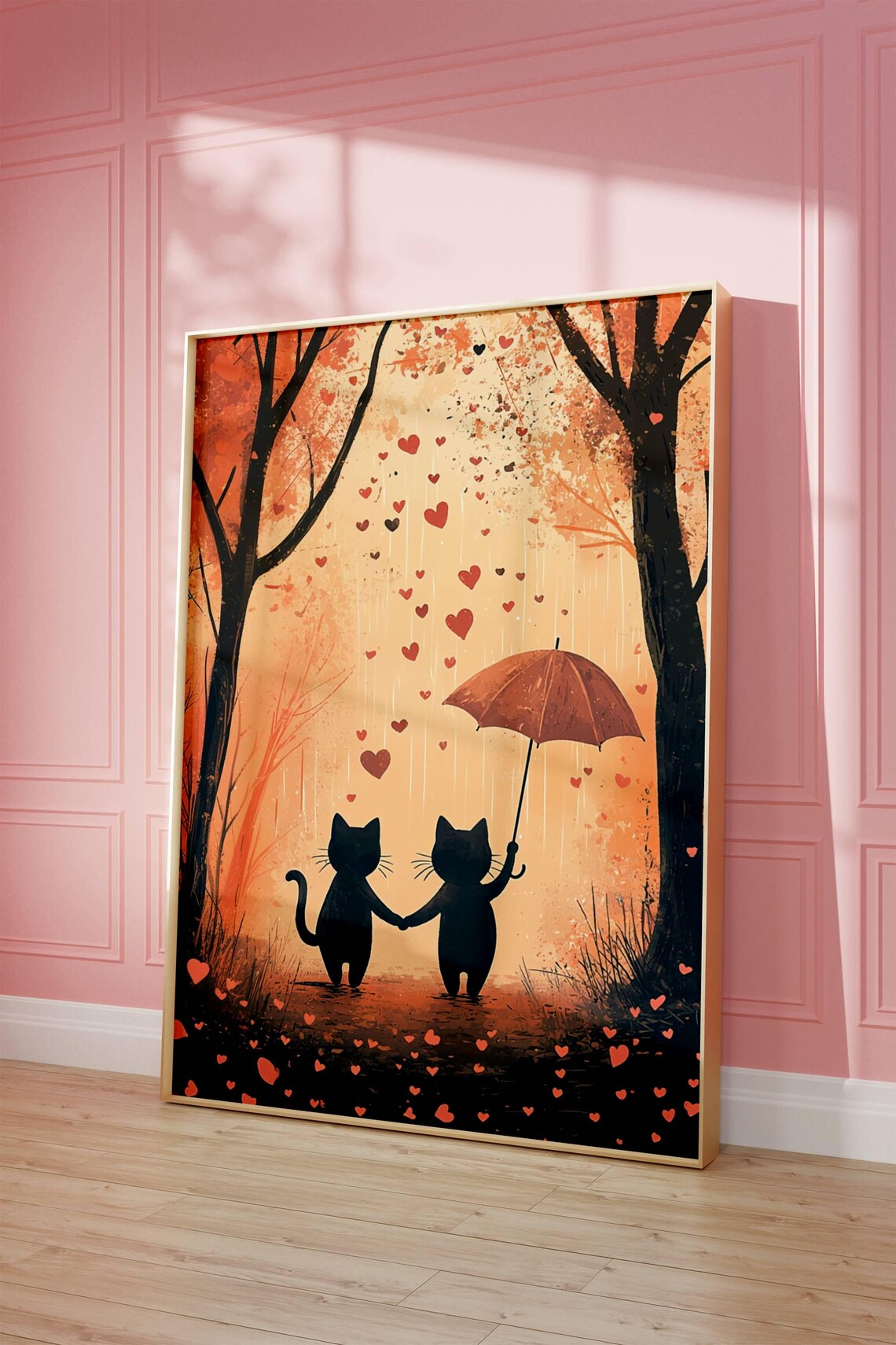 Cats In The Rain Valentine Art Print, Cute Cat Couple - Image 3