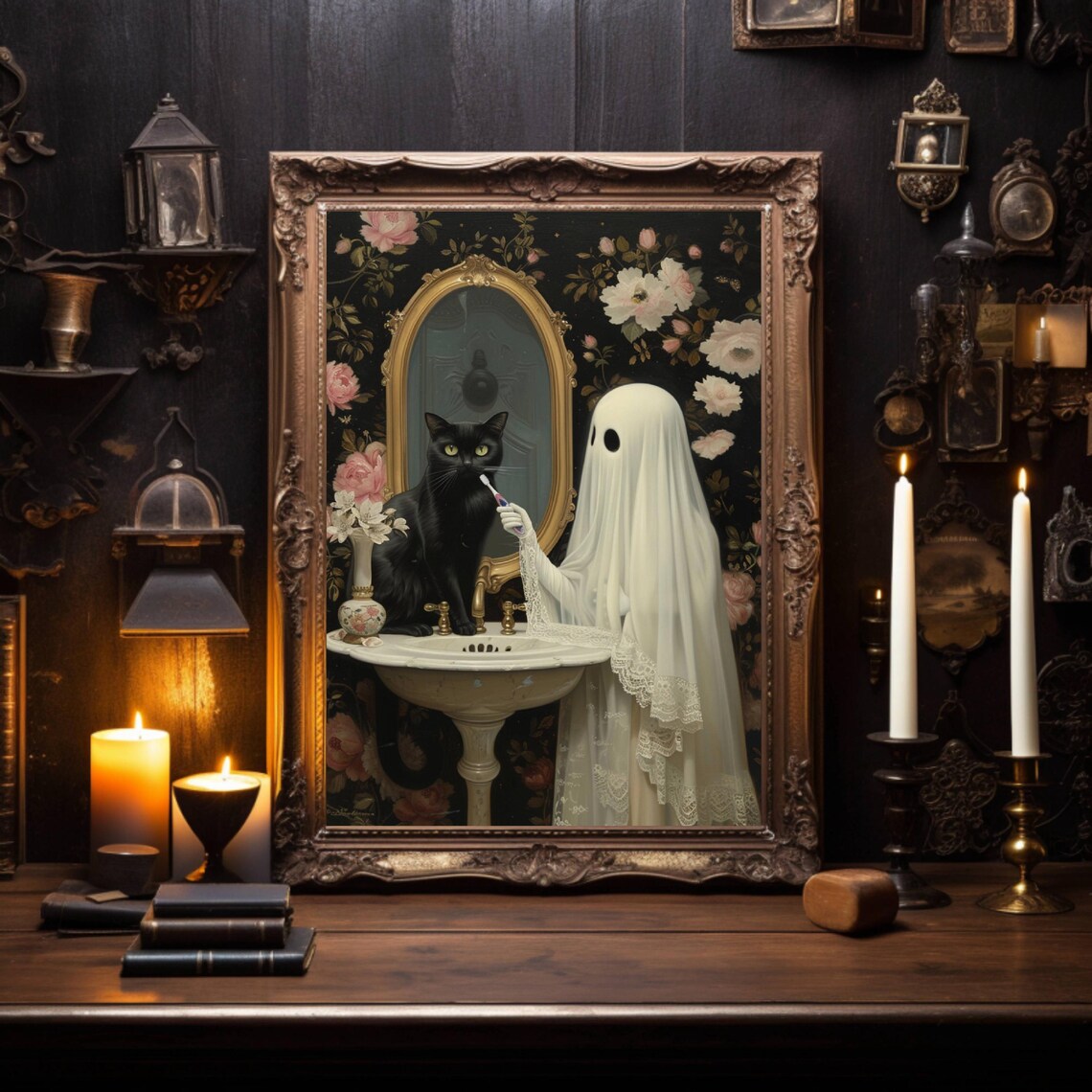 Ghost And Cat Brushing Teeth Poster Art Print