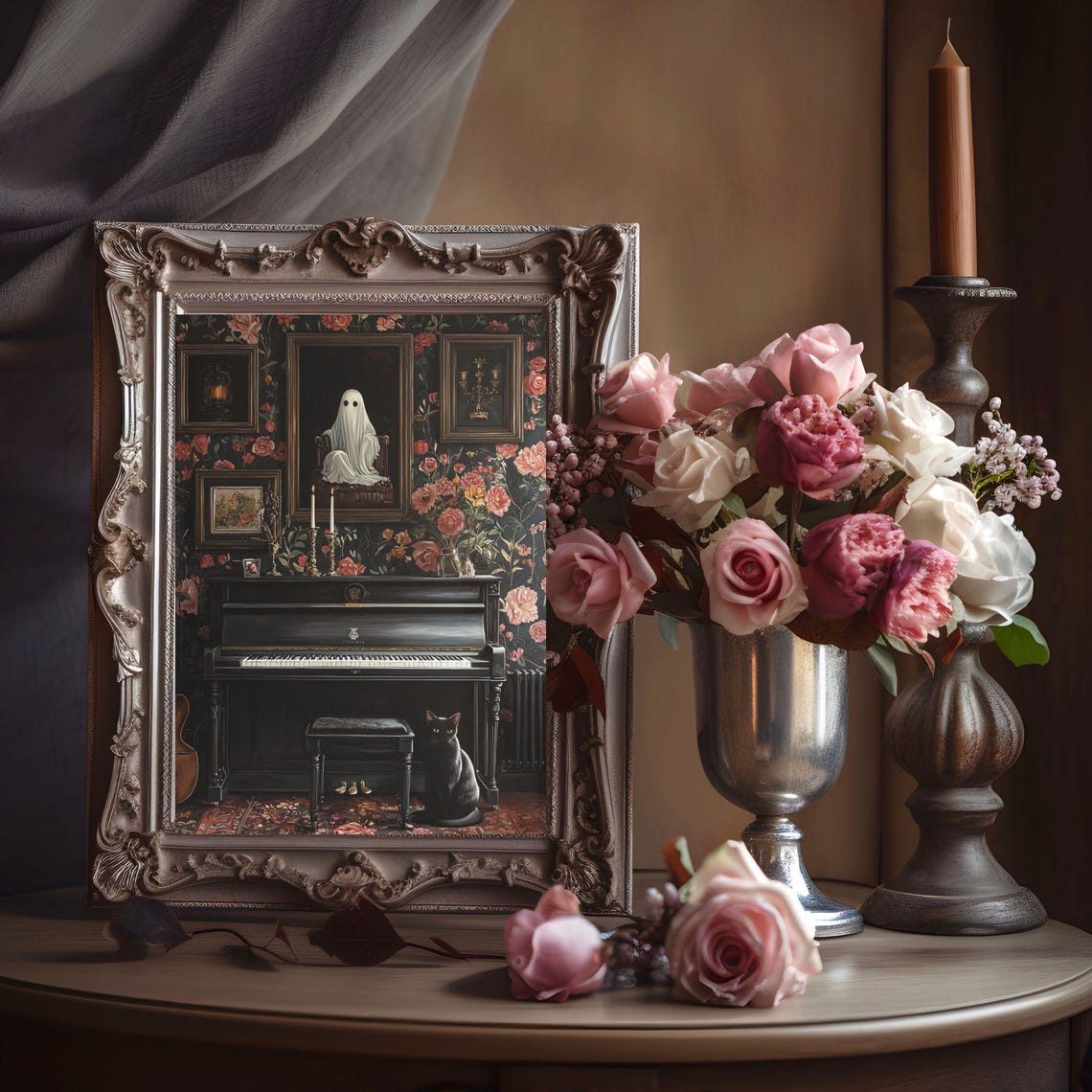 Black Cat by Upright Piano in Gothic Floral Parlor Whimsigoth Poster - Image 6