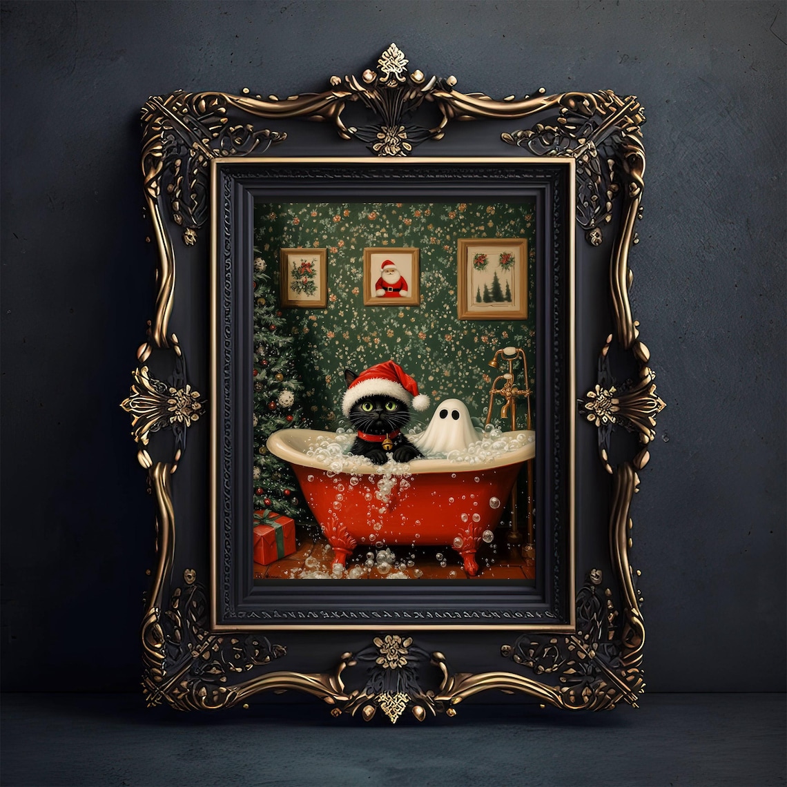 Ghost And Cat Christmas Bath Art, Whimsigoth Poster