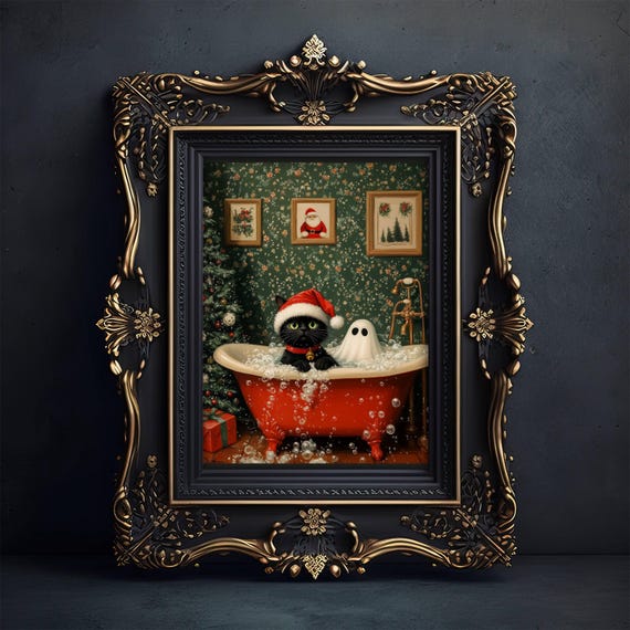 Ghost And Cat Christmas Bath Art, Whimsigoth Poster