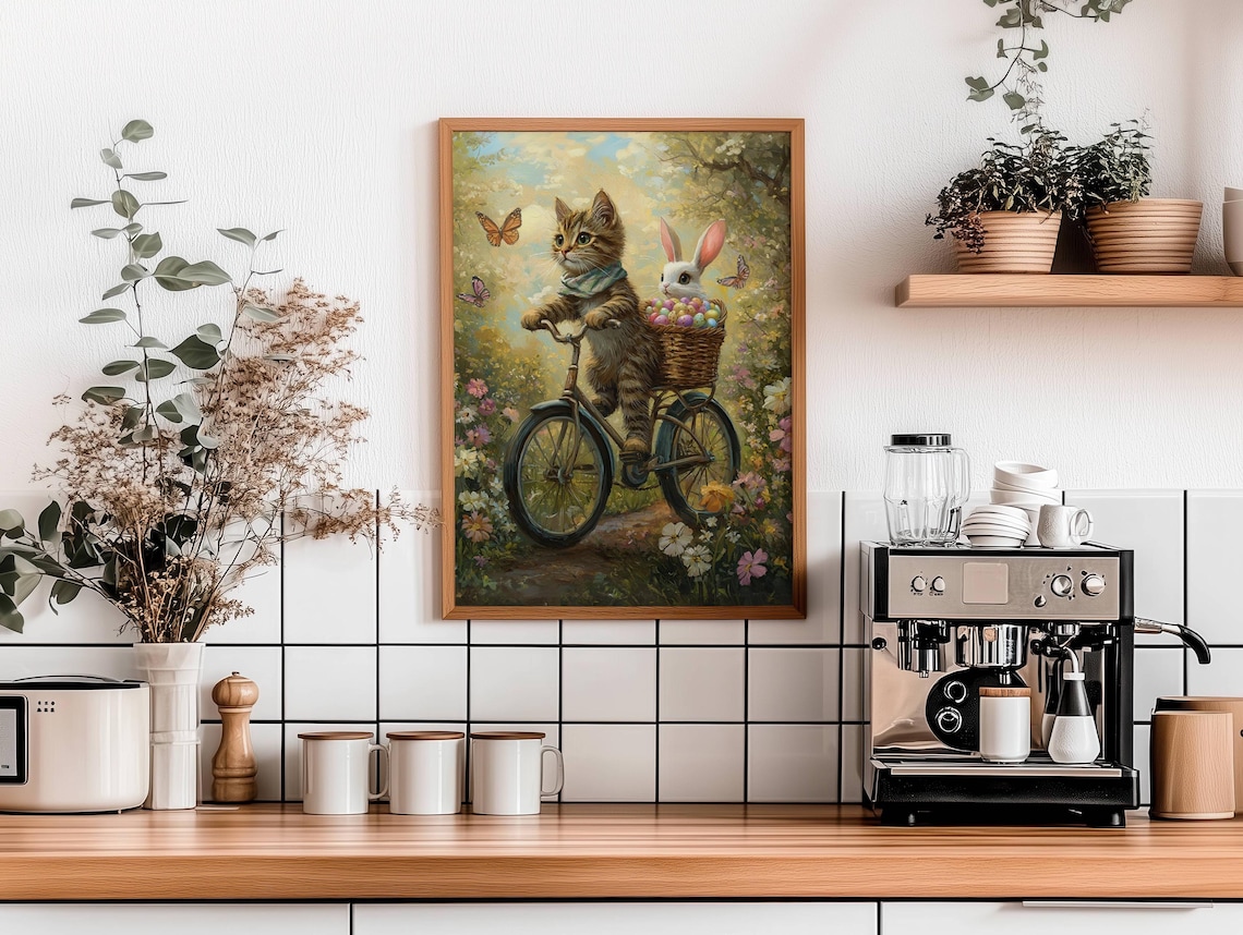 Tabby Cat and Bunny Easter Bike Ride, Floral Poster - Image 4