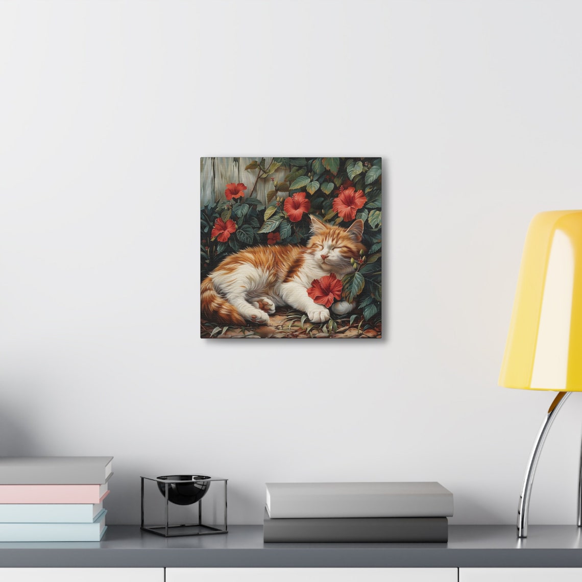 Orange and White Cat Sleeping Among Red Hibiscus Flowers Poster - Image 6