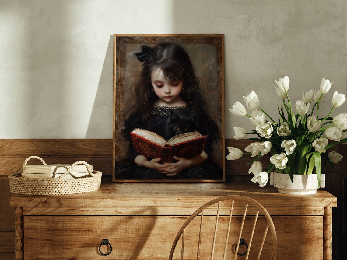 Girl Reading to Her Cat, Cat Wall Art Print - Image 3