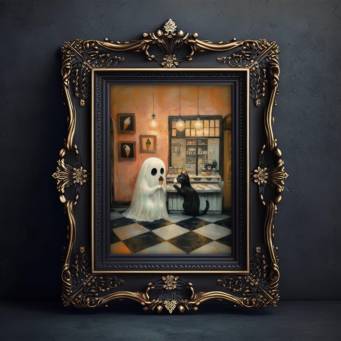Ghost and Black Cat Sharing Ice Cream in an Old Fashioned Parlor Poster - Image 2