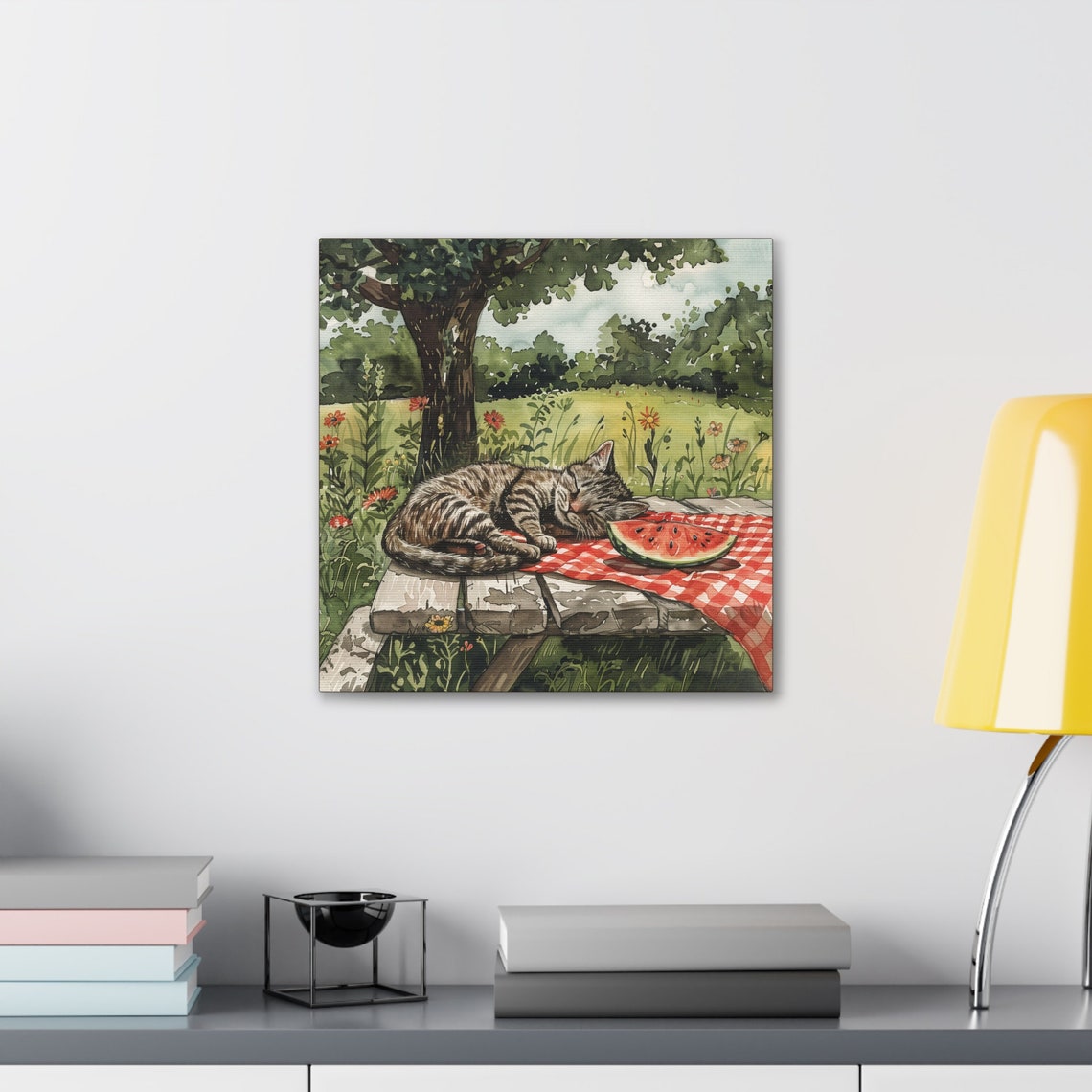 Tabby Cat Napping on Picnic Table With Watermelon Summer Poster - Image 5