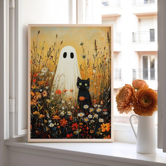 Black Cat and Ghost in a Golden Autumn Wildflower Meadow Poster