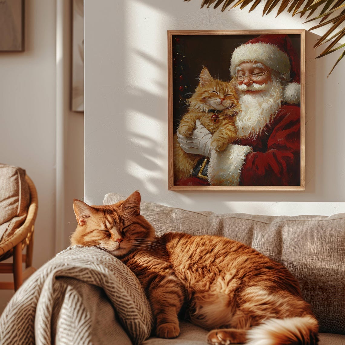 Santa Claus Hugging A Happy Ginger Tabby Cat Christmas Oil Poster - Image 6