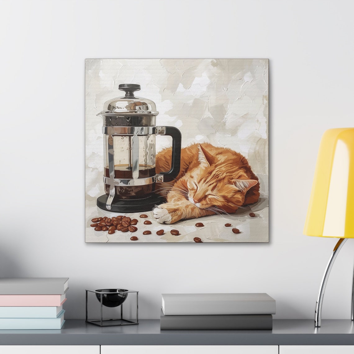 Sleeping Orange Tabby Cat Beside Glass French Press Coffee Poster - Image 3