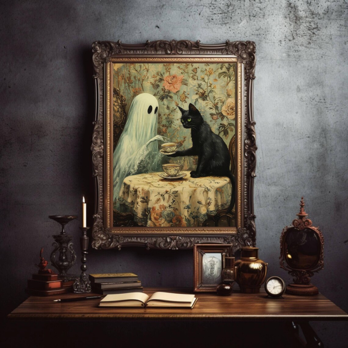Ghost And Black Cat Teatime, Spooky Halloween Art Print - Image 2