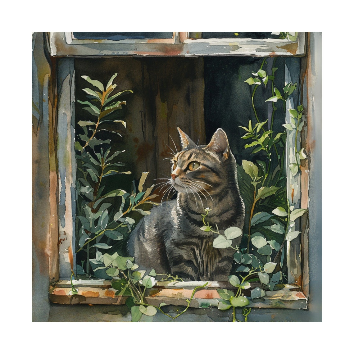 Tabby Cat Sitting in a Rustic Window Among Lush Green Plants Poster - Image 5