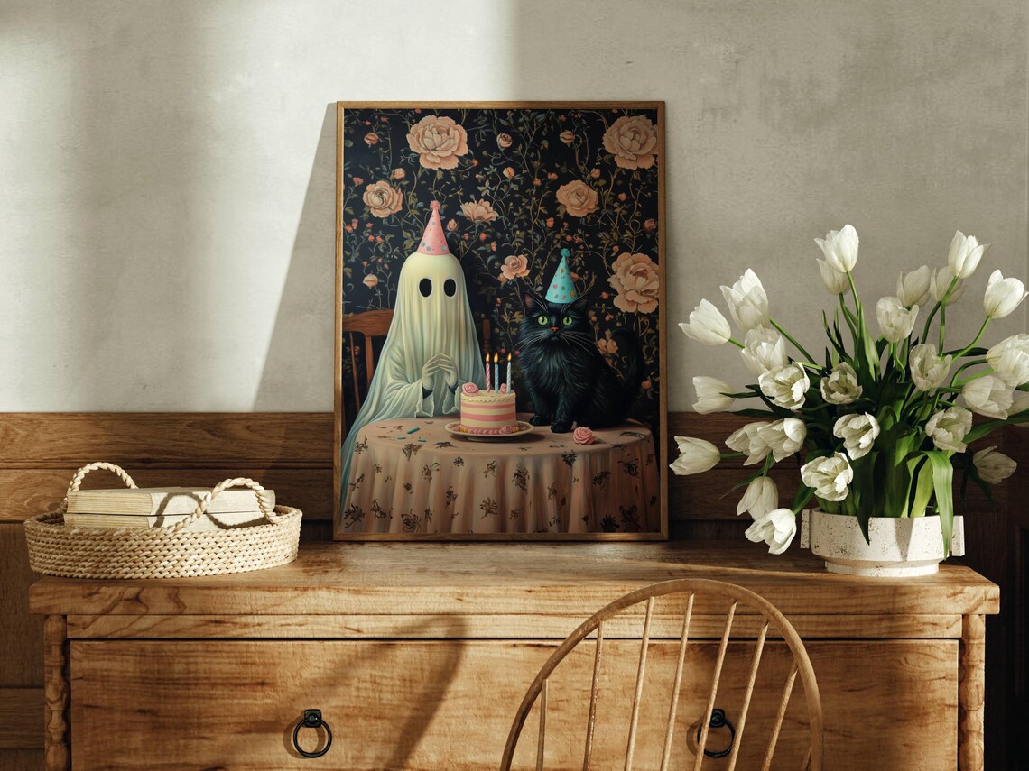 Ghost and Black Cat Birthday Party Art Print, Whimsigoth - Image 2