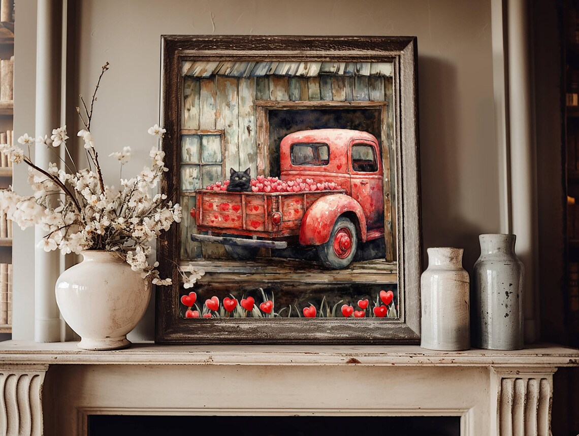 Black Cat in a Vintage Truck Full of Valentine Hearts Poster - Image 2