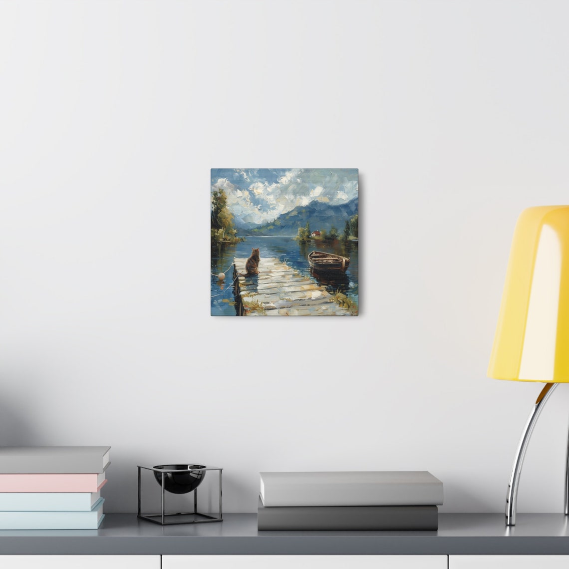 Tabby Cat Sitting on a Dock by a Mountain Lake with Rowboat Poster - Image 4