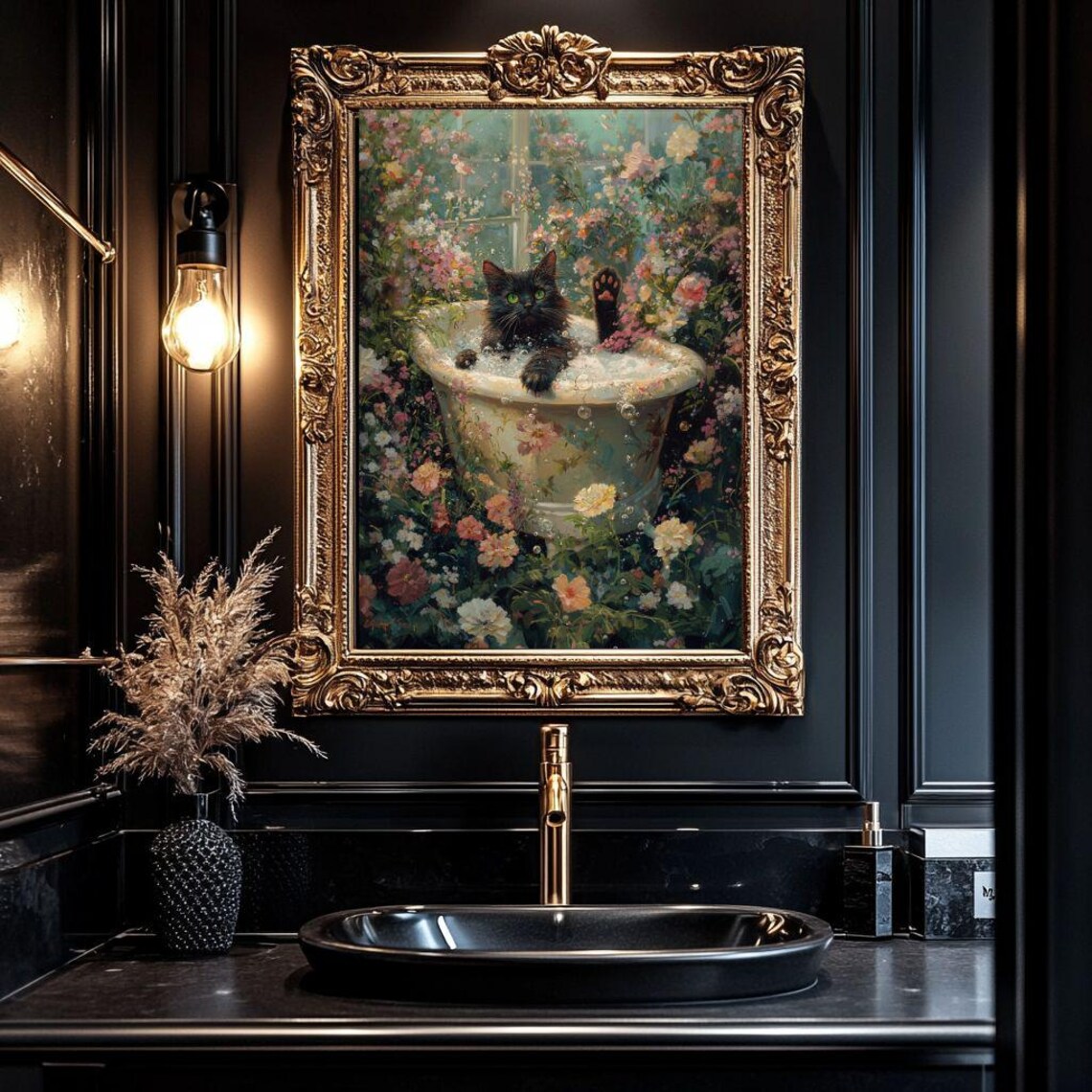 Black Cat In Garden Bubble Bath, Floral Cat Art Print - Image 4