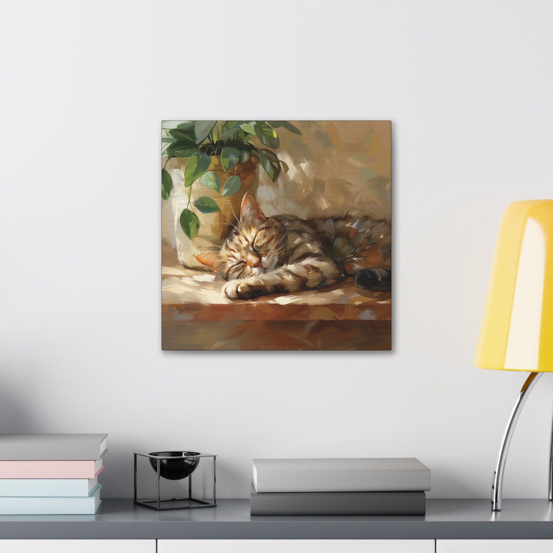 Sleeping Tabby Cat Napping in a Sunbeam by a Potted Plant Poster - Image 3