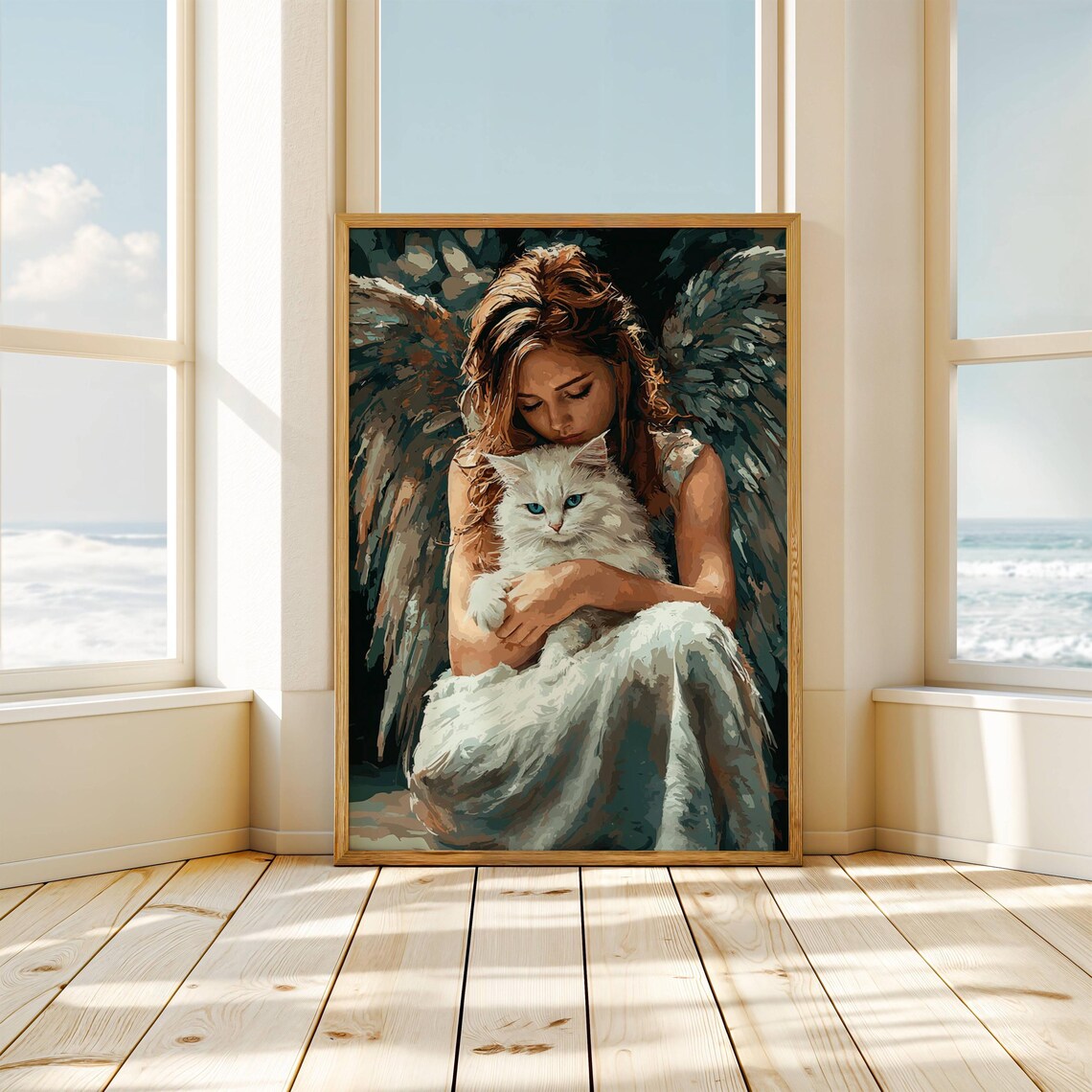 Gentle Angel Tenderly Embracing a Fluffy White Cat in a Painterly Spiritual Print - Image 5