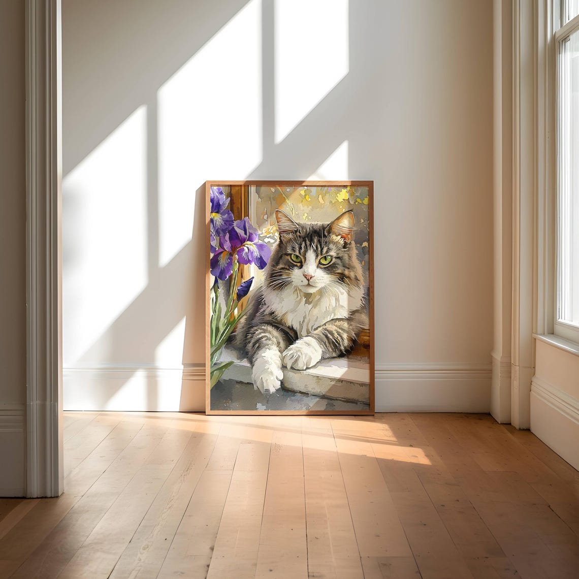 Fluffy Tabby Cat Beside Purple Irises by Window Watercolor Poster - Image 5