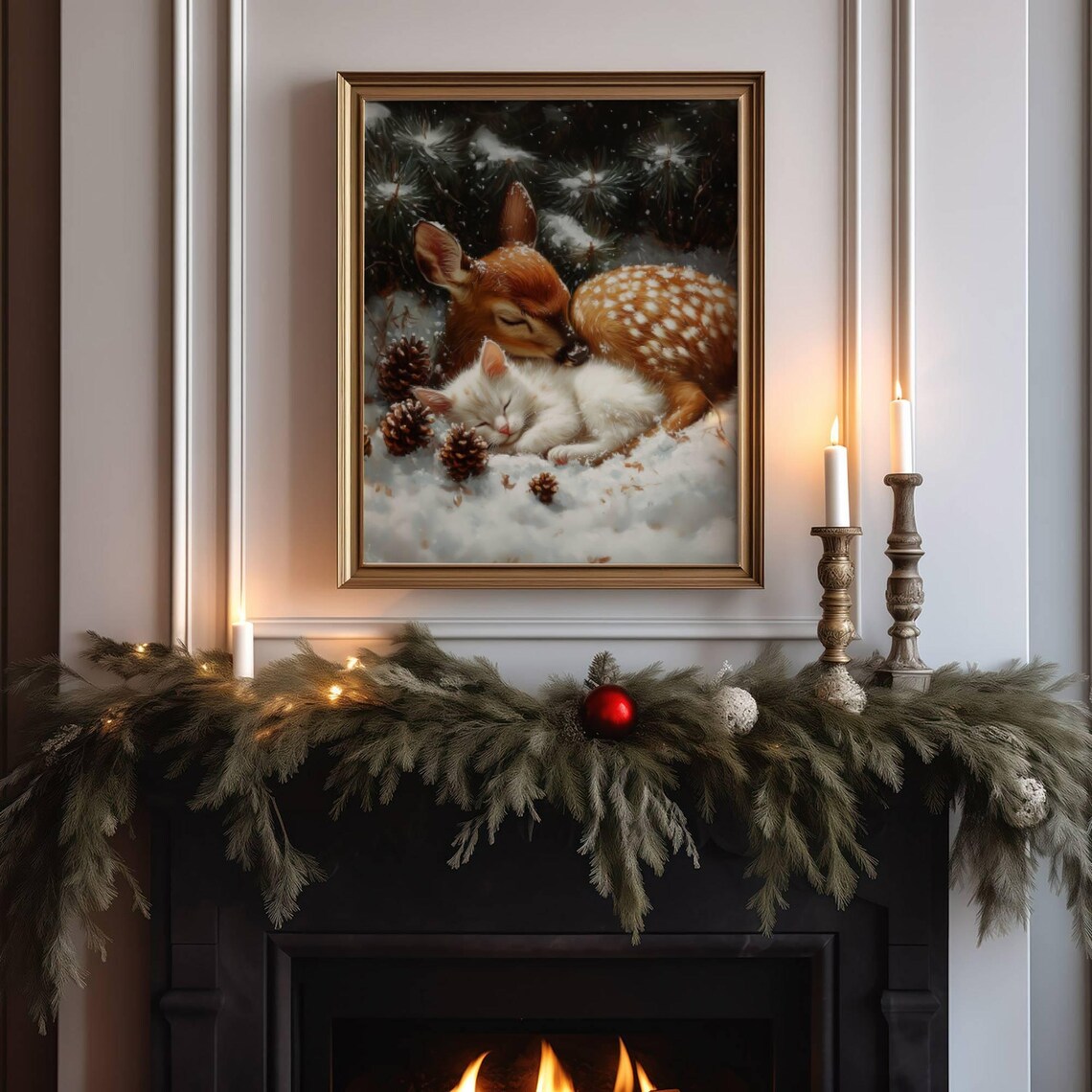 Fawn And White Cat Christmas Art Print, Holiday Decor - Image 7