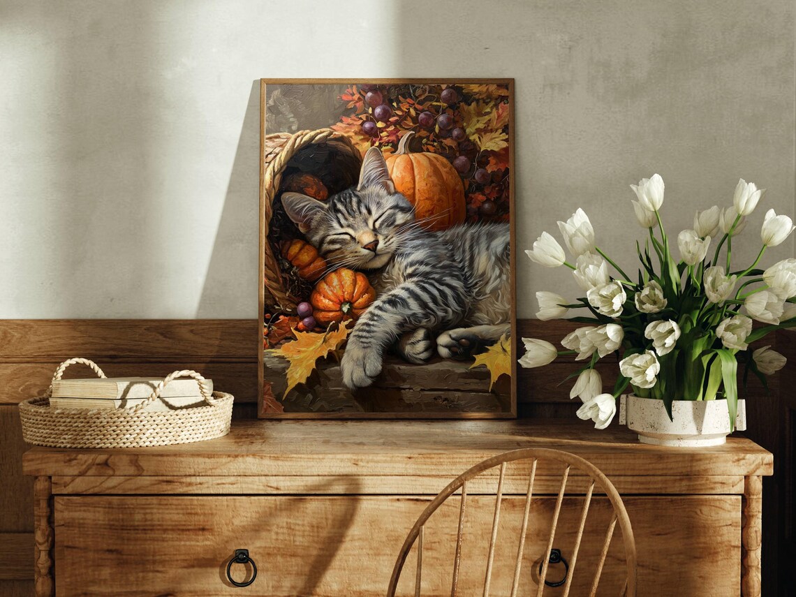 Tabby Cat Thanksgiving Cornucopia Wall Art Print - Image 3
