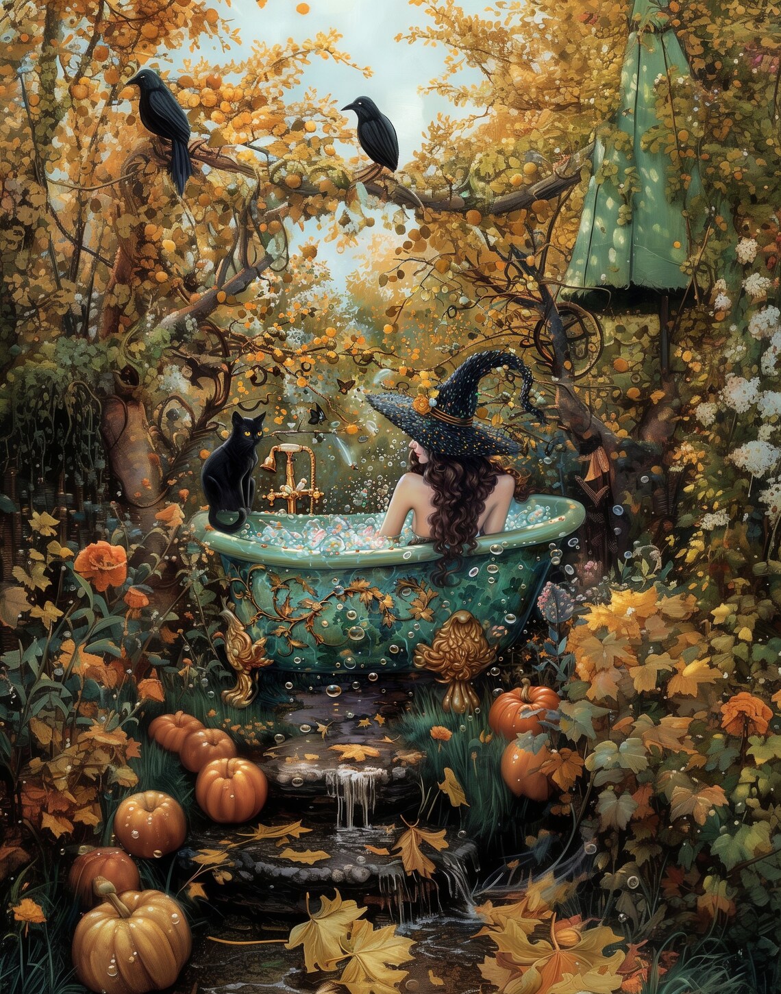 Witch In Bathtub Cat Art Print, Halloween Decor - Image 3